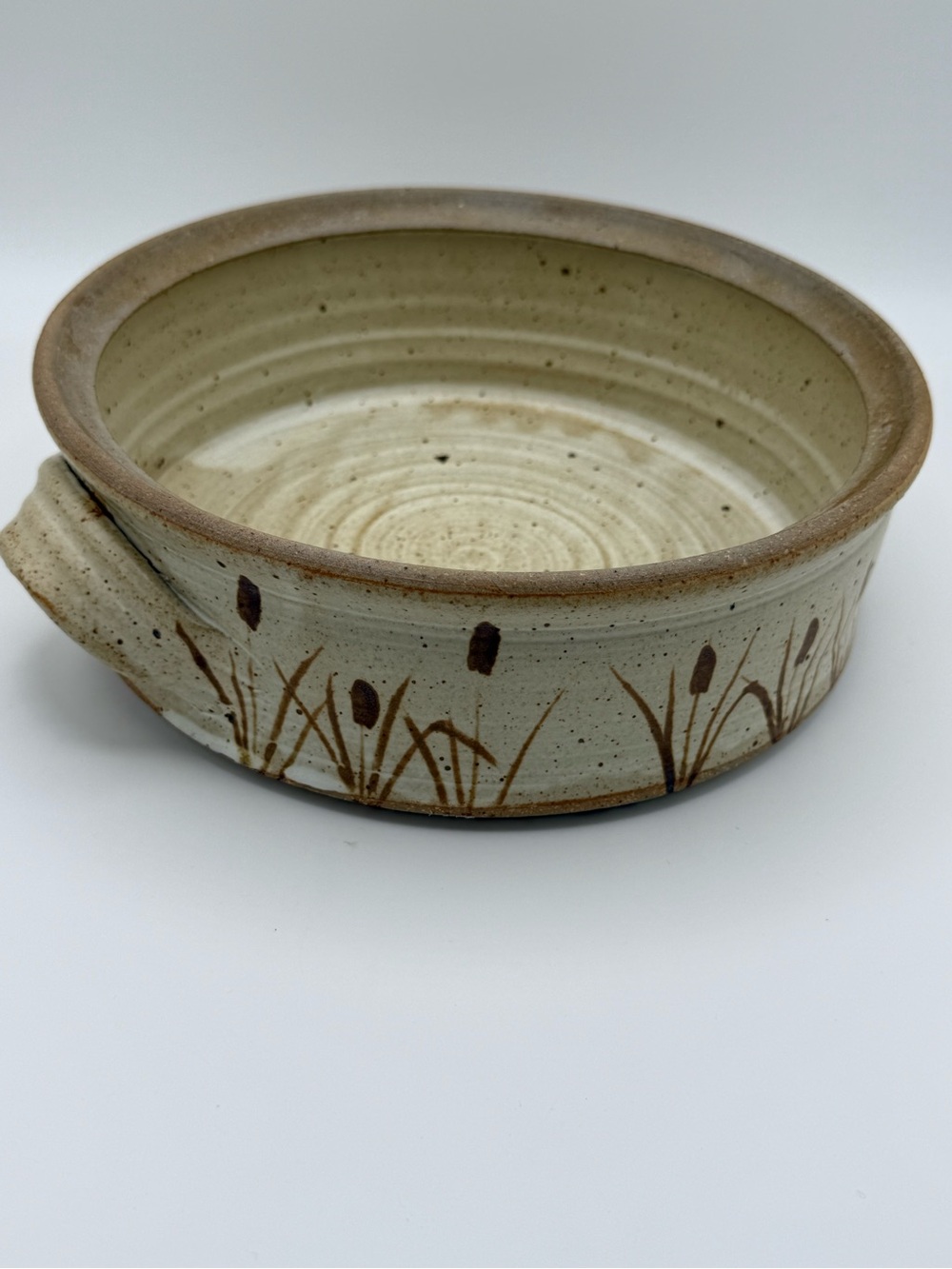 Hansellman Pottery Cream Ceramic Serving Bowl with Brown Reed Motif